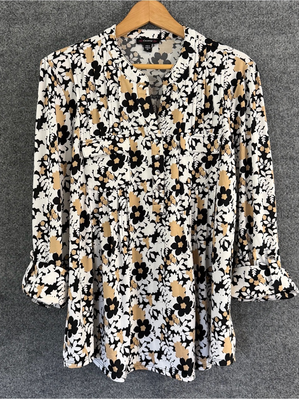 Cocomo Womens XL 3/4 Roll Tab Sleeve Floral Top Tan Black Stretch Office Casual